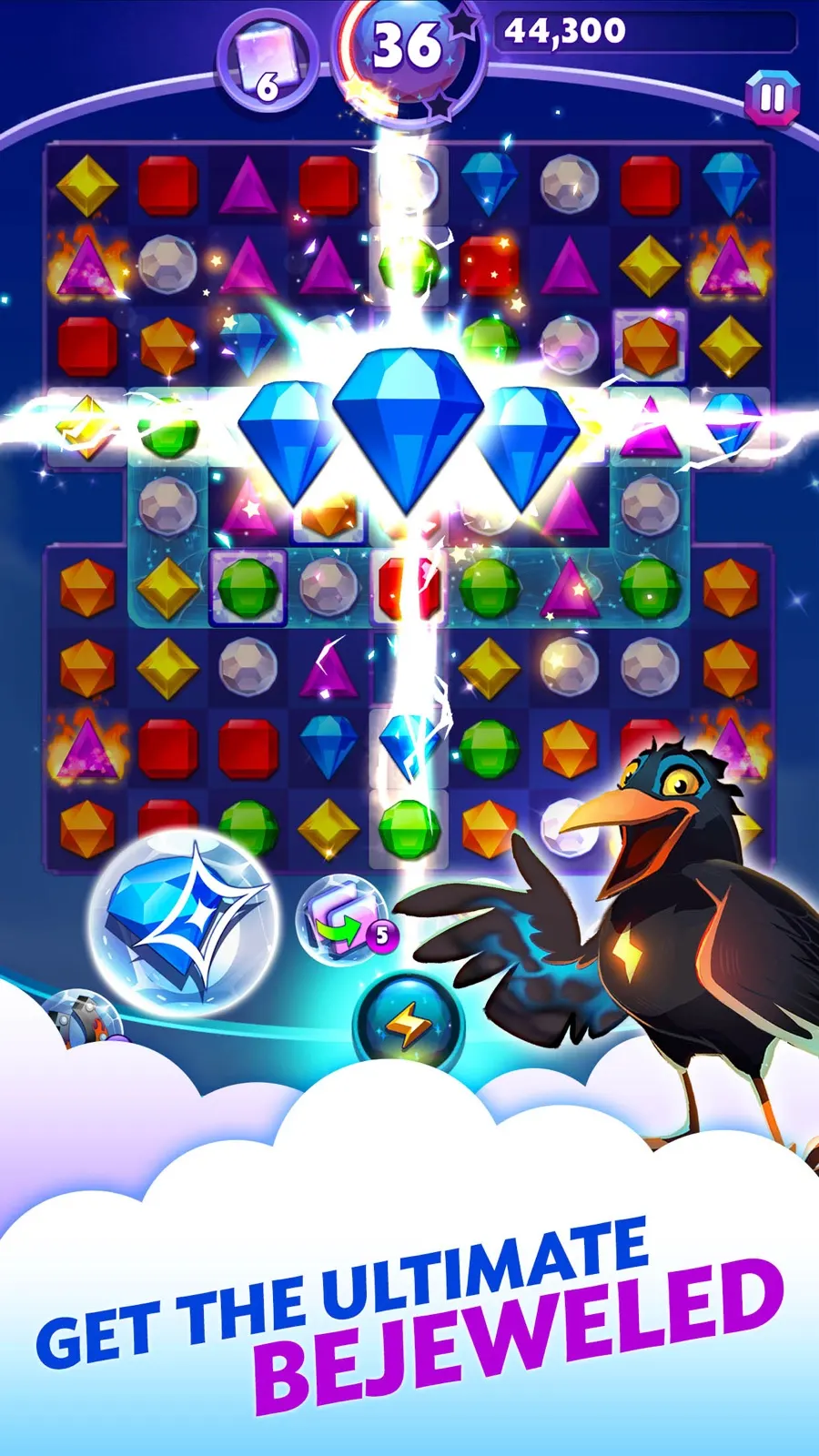 Bejeweled Stars board mid-detonation with a special gem effect