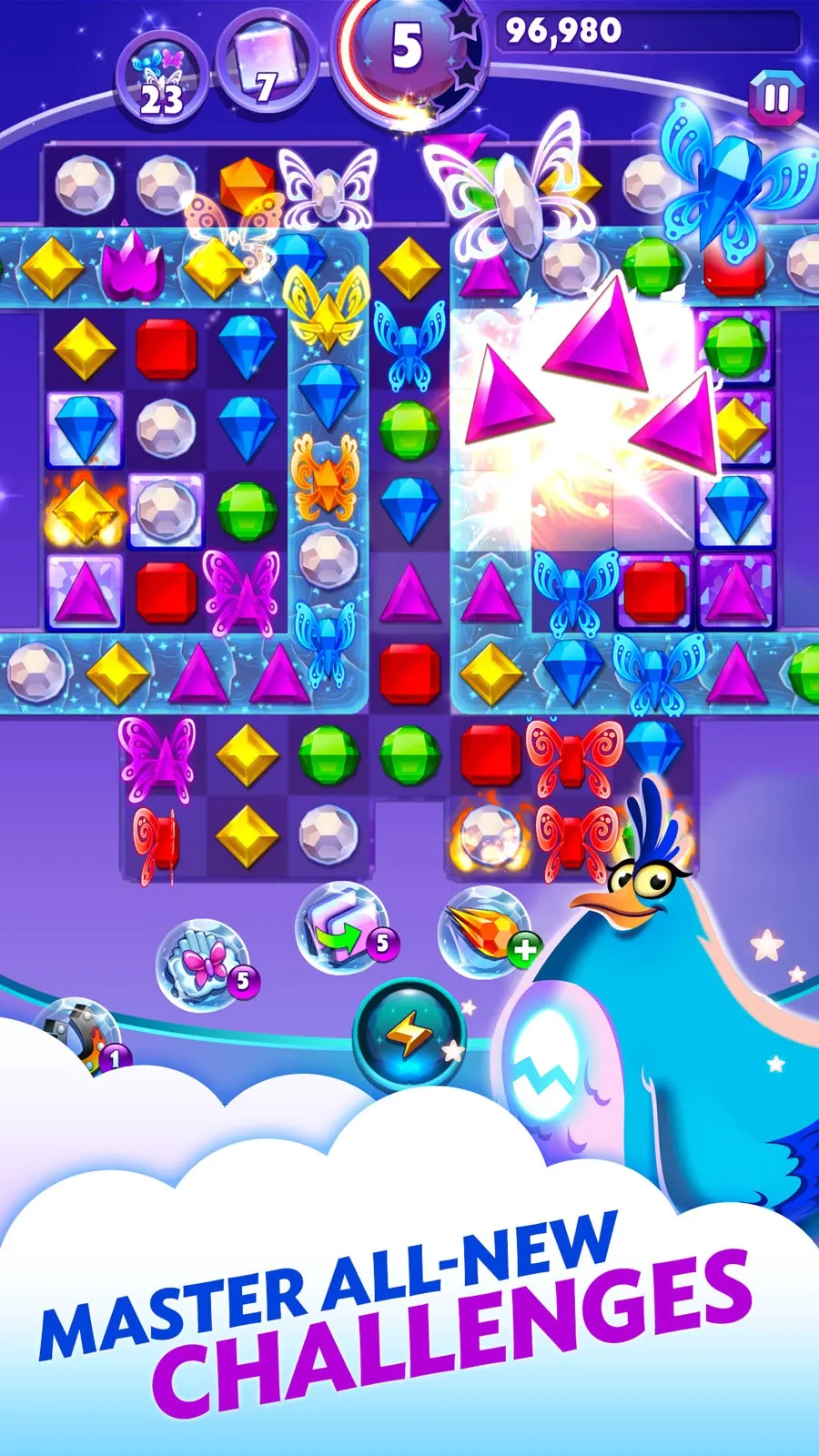 Bejeweled Stars level with gems arranged on a floating board